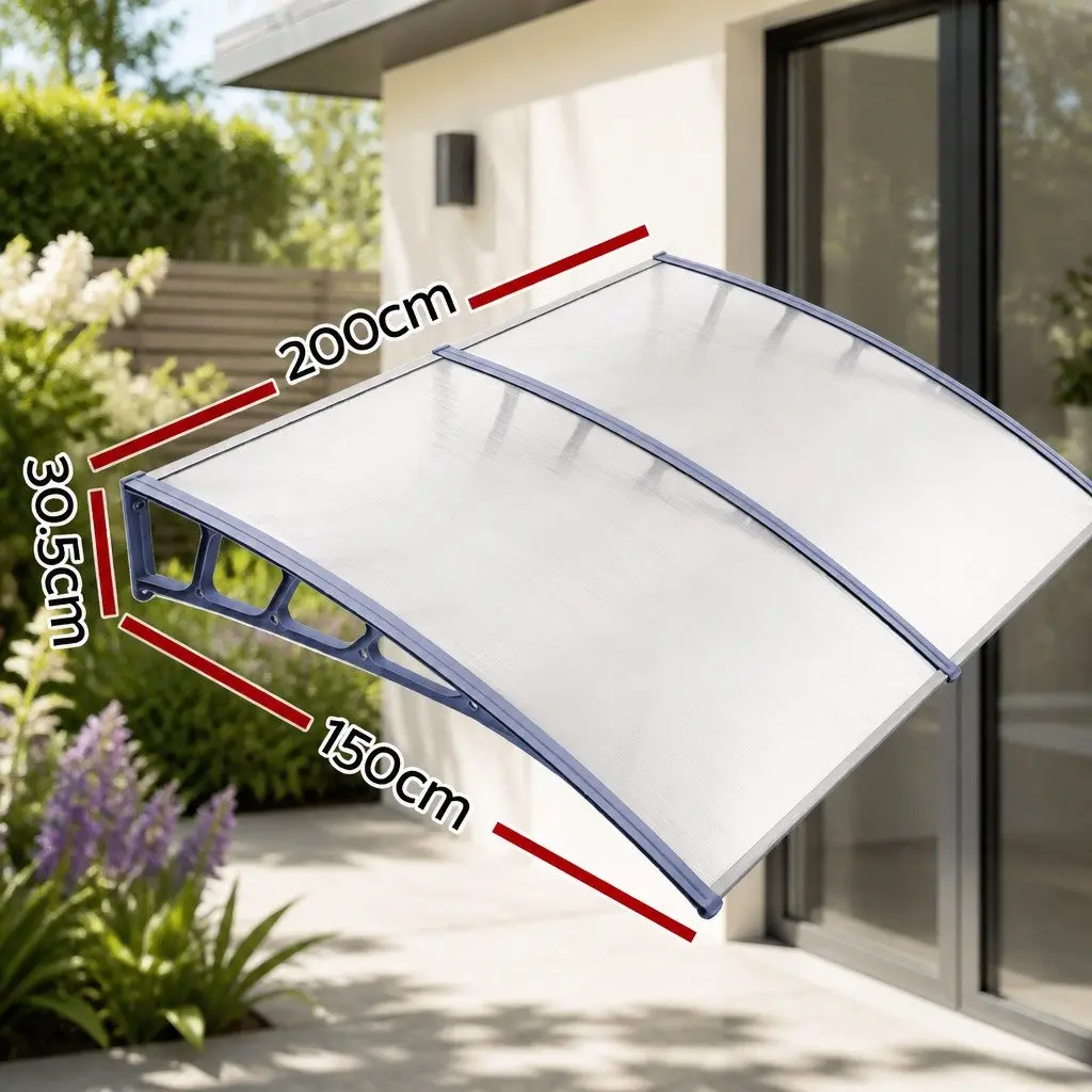 Awning Canopy UV and Rain Resistant 1.5M x 2M Clear Panel Grey Frame