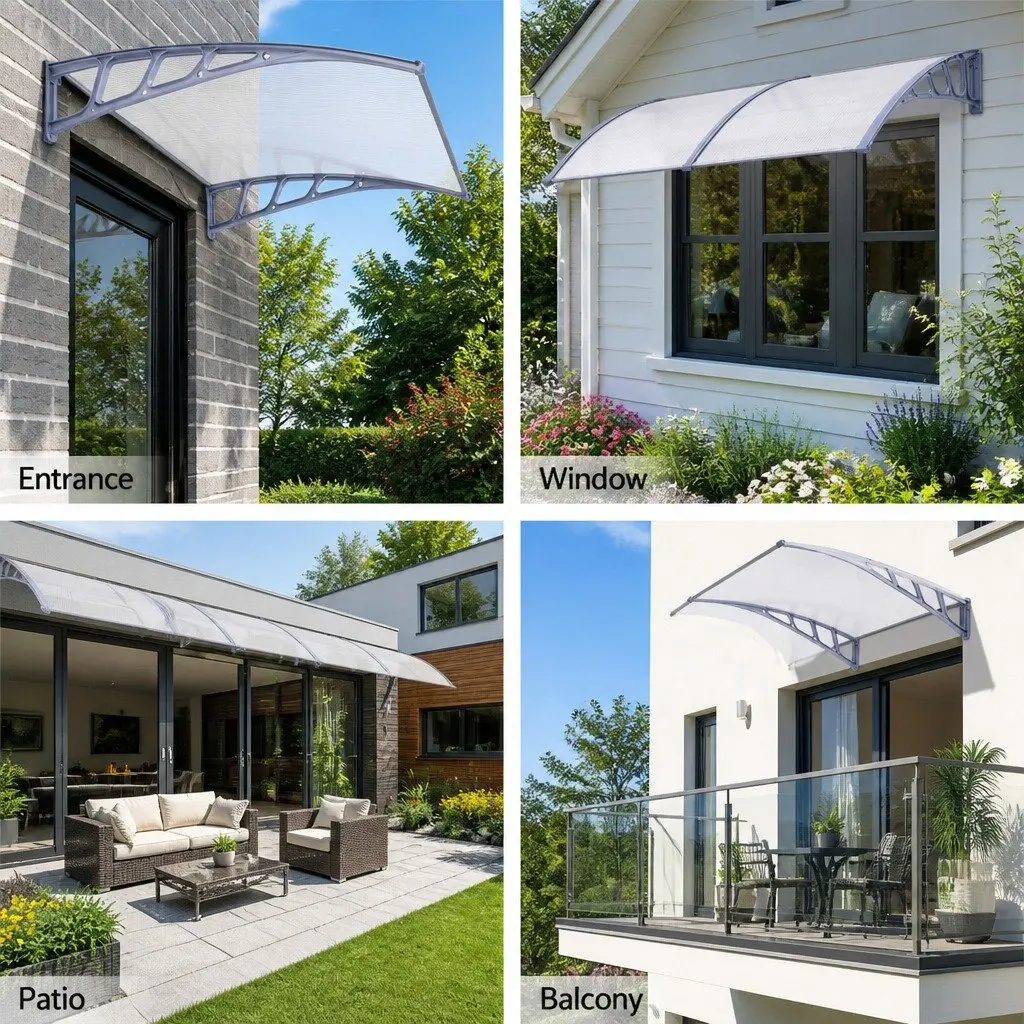Awning Canopy UV and Rain Resistant 1.5M x 2M Clear Panel Grey Frame