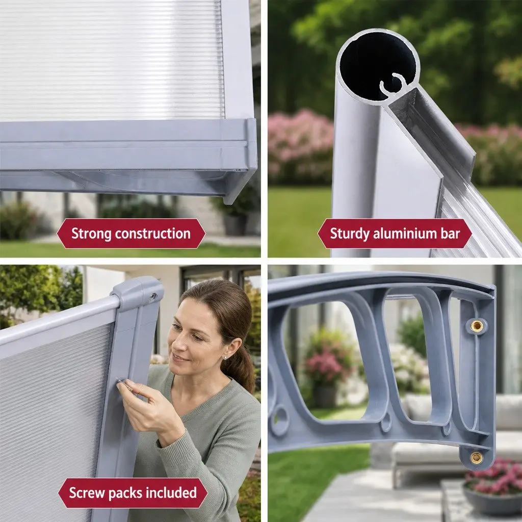 Awning Canopy UV and Rain Resistant 1.5M x 2M Clear Panel Grey Frame