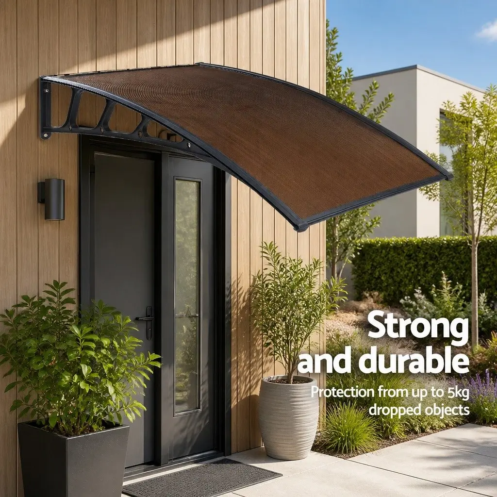 Window Door Awning Canopy 1.5M x 3M Brown PC Panel Black Bracket Outdoor Shade