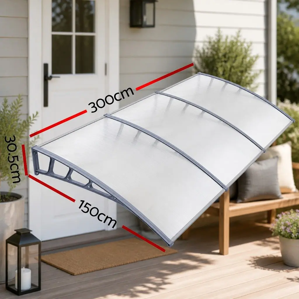 Awning Canopy Clear Panel 1.5m x 3m Grey Brackets DIY Installation