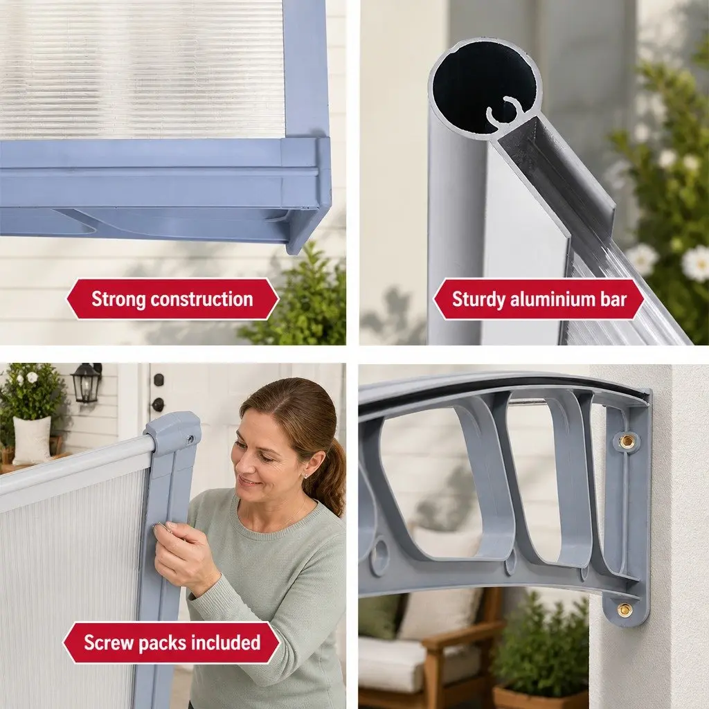 Awning Canopy Clear Panel 1.5m x 3m Grey Brackets DIY Installation