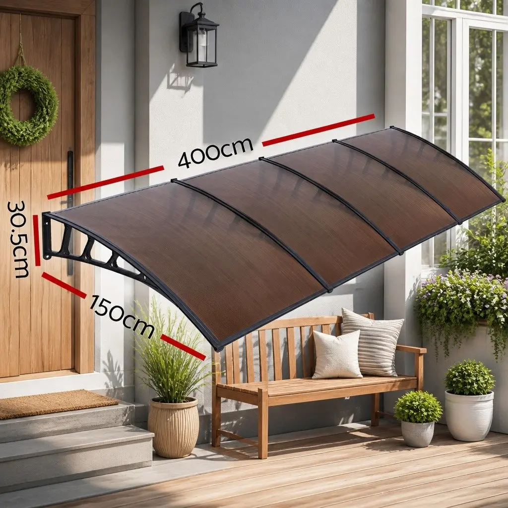 Window Door Awning Canopy Brown Panel Black Frame 1.5m x 4m Outdoor Shade