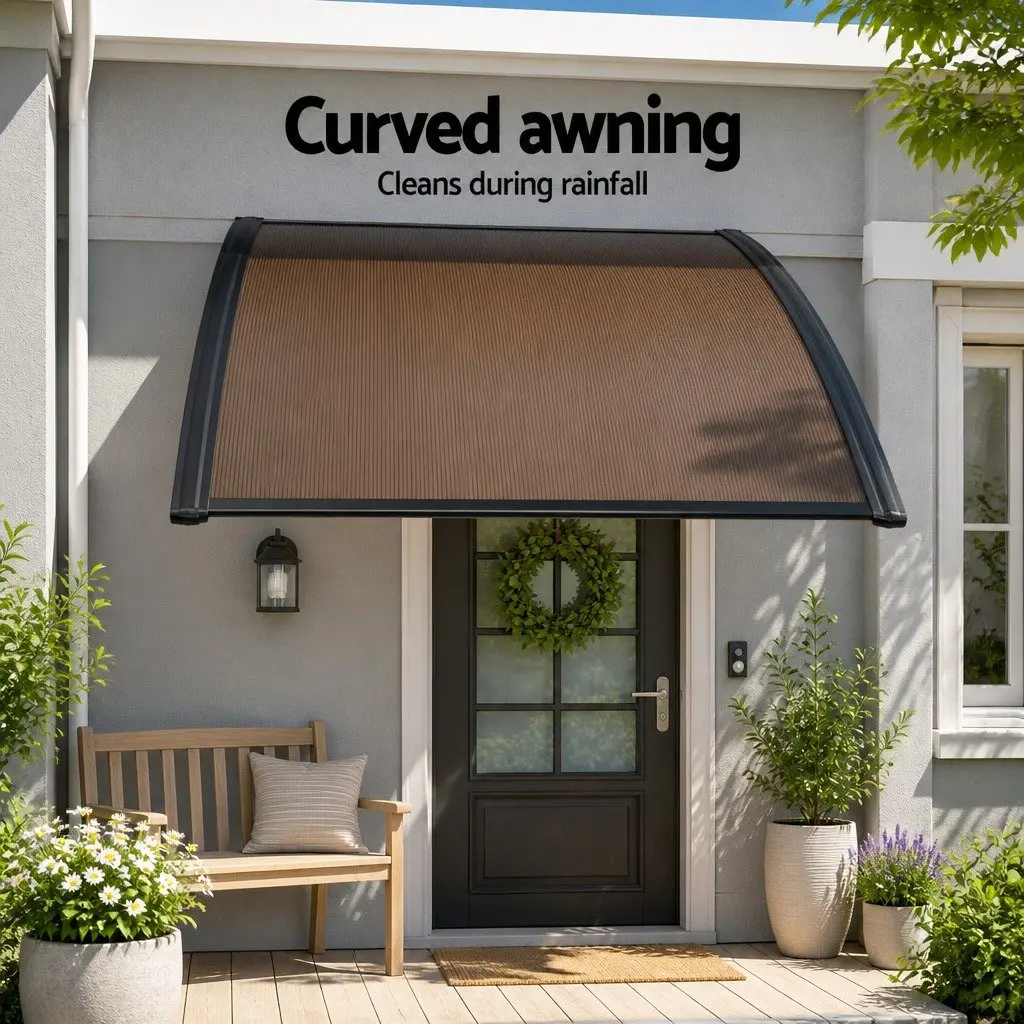 Window Door Awning Canopy Brown Panel Black Frame 1.5m x 4m Outdoor Shade