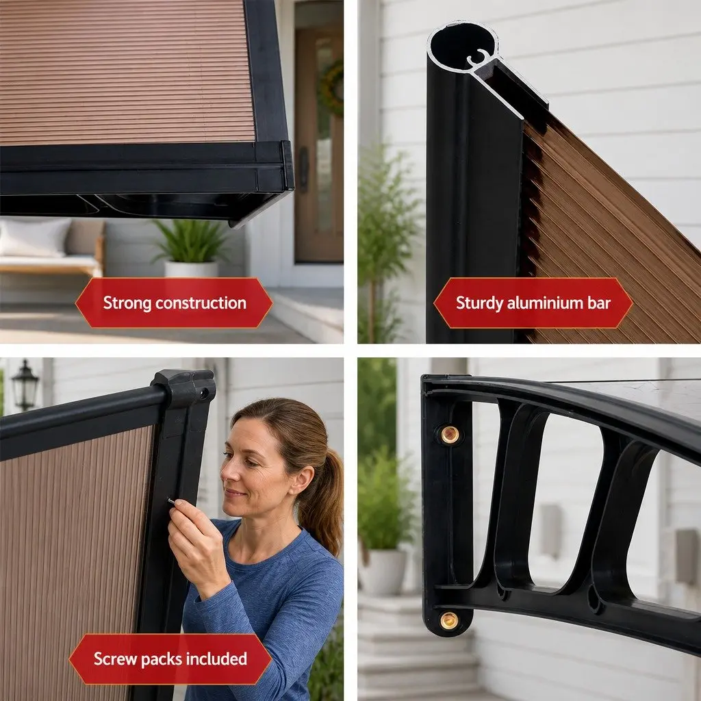 Window Door Awning Canopy Brown Panel Black Frame 1.5m x 4m Outdoor Shade