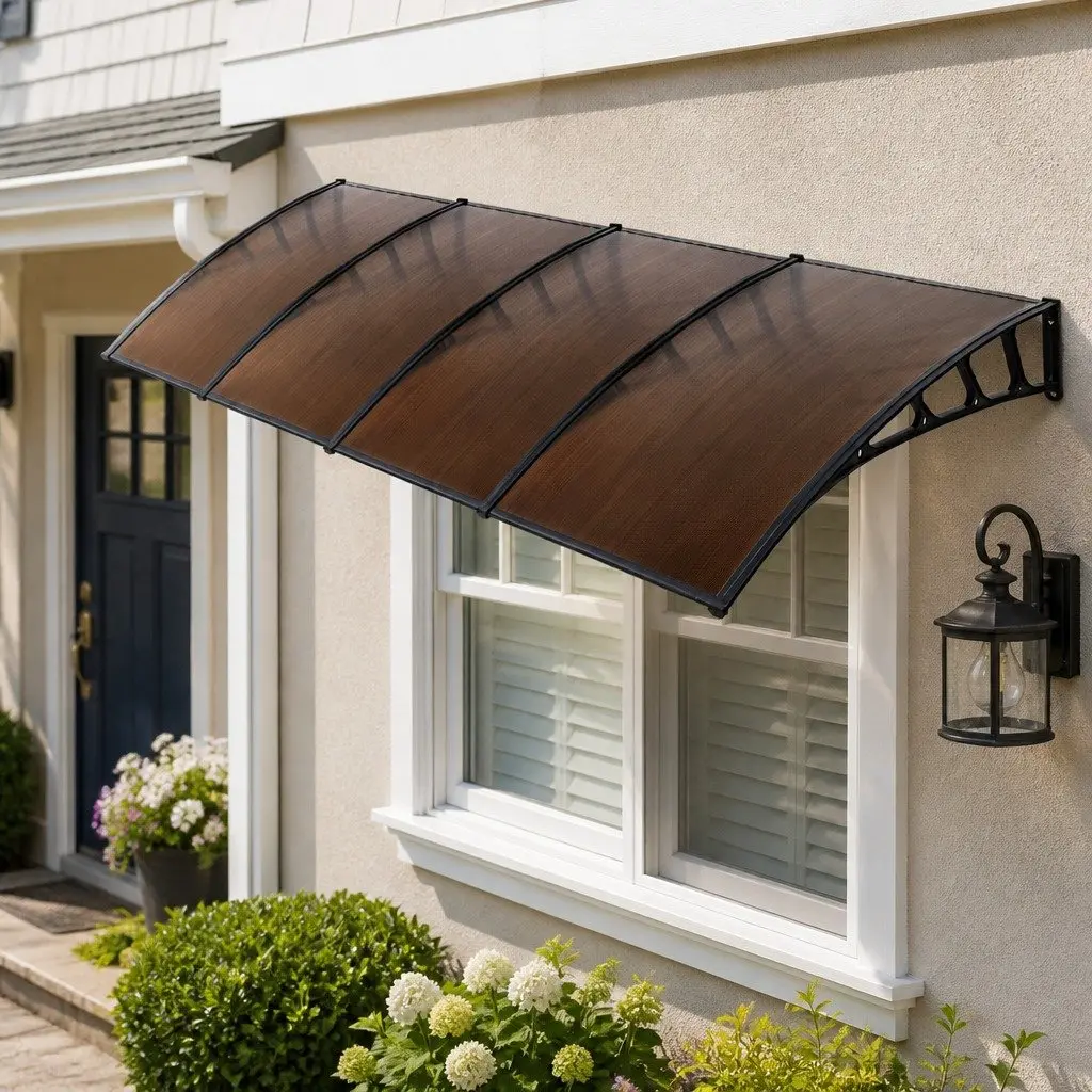Window Door Awning Canopy Brown Panel Black Frame 1.5m x 4m Outdoor Shade