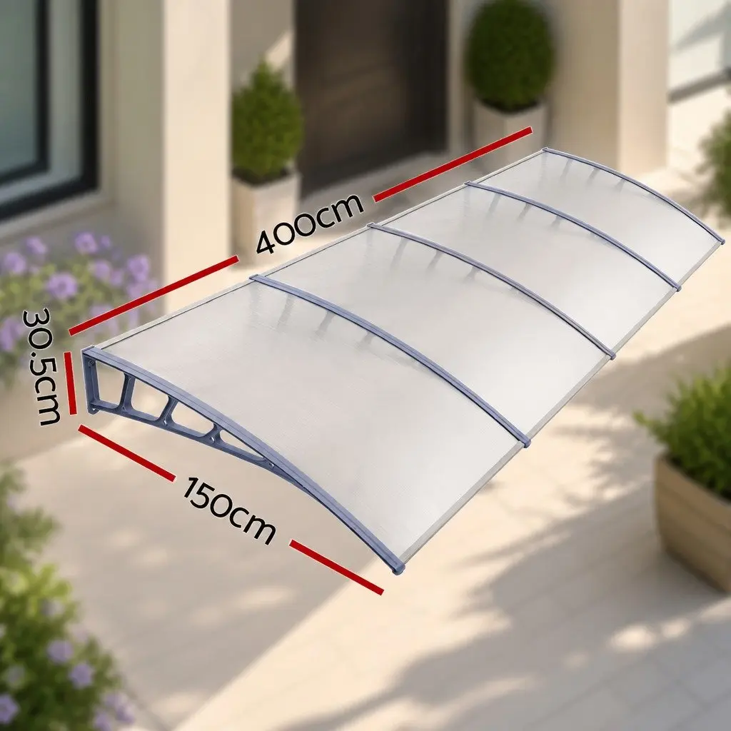 Window Door Awning Canopy 1.5m x 4m Clear Panel Grey Brackets Polycarbonate