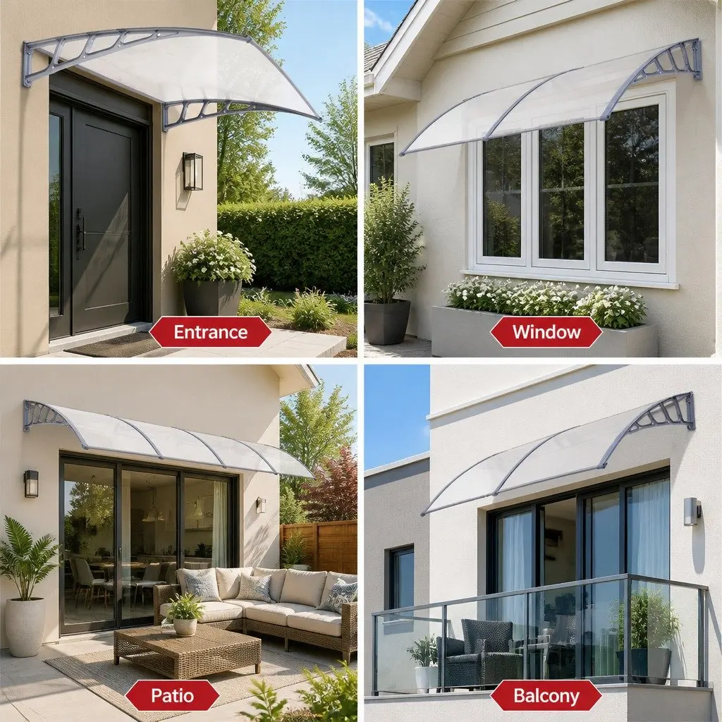 Window Door Awning Canopy 1.5m x 4m Clear Panel Grey Brackets Polycarbonate