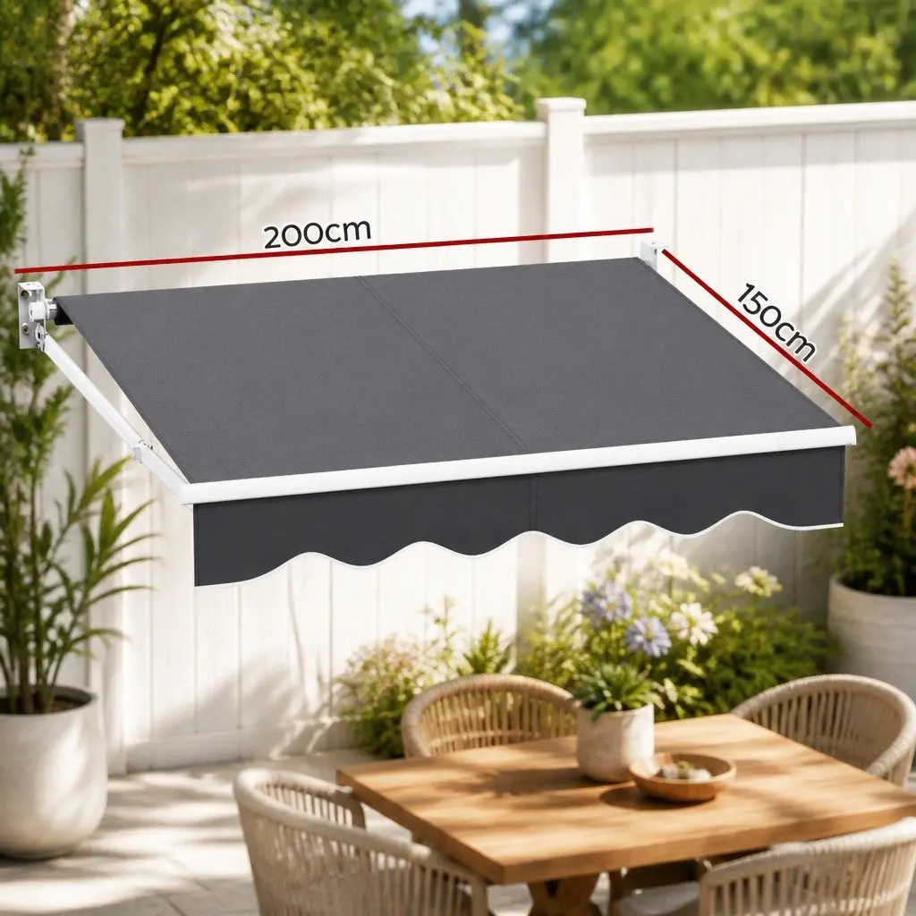 Manual Retractable Folding Awning Grey 2m x 1.5m for Garden Patio Shade