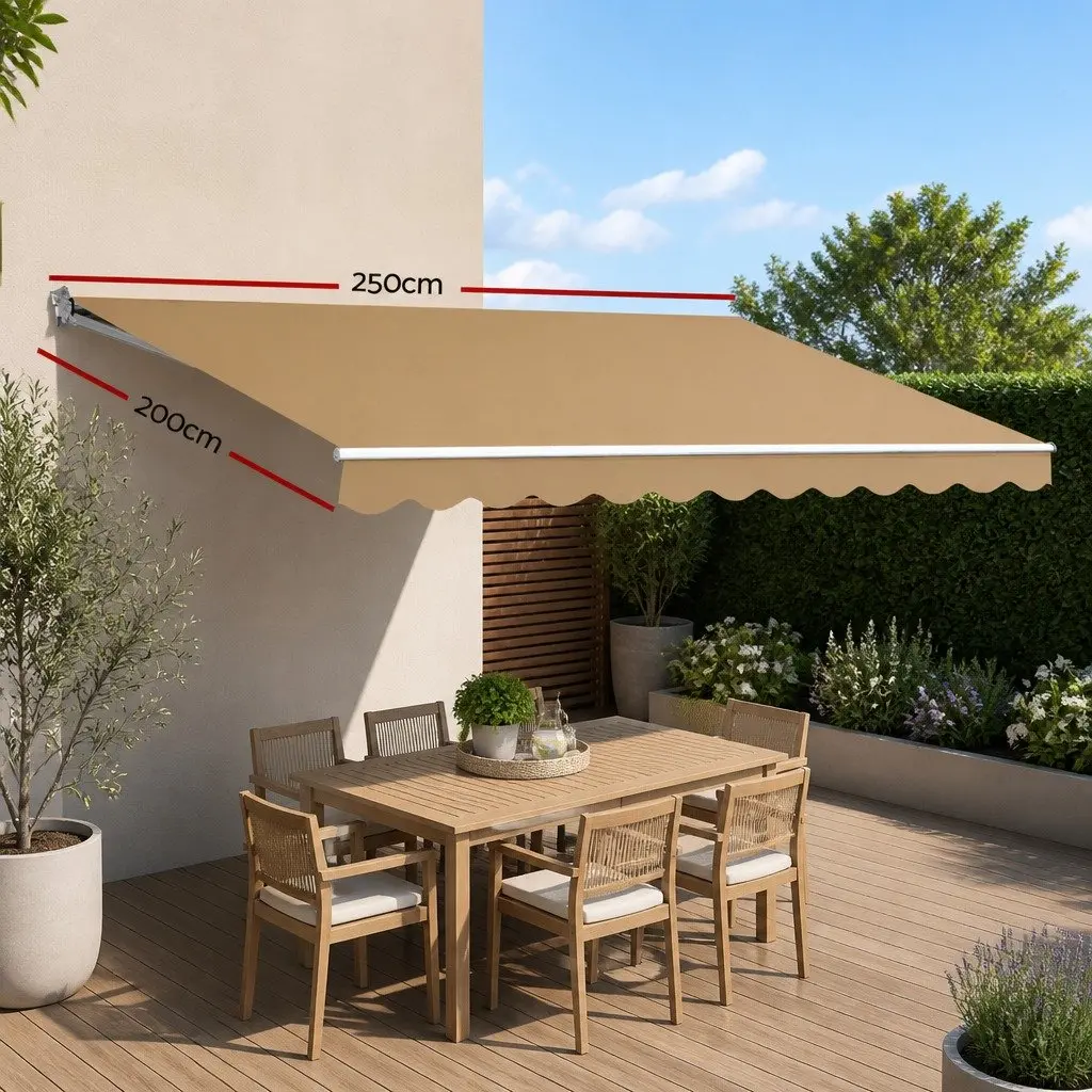Manual Retractable Folding Arm Awning 2.5m x 2m Beige Outdoor Shade Polyester Aluminium
