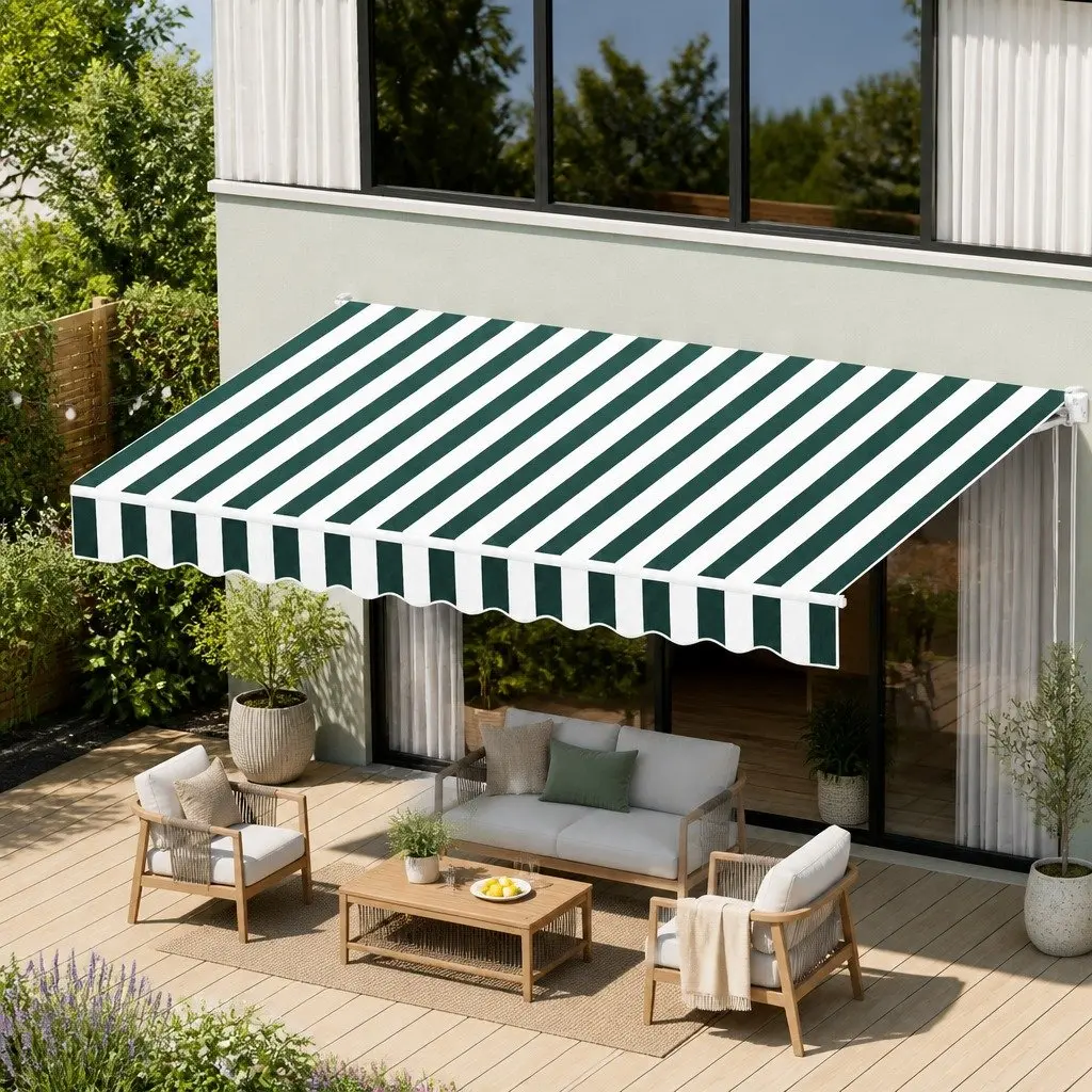 Manual Retractable Folding Awning Hand Crank 3m x 2.5m Green White