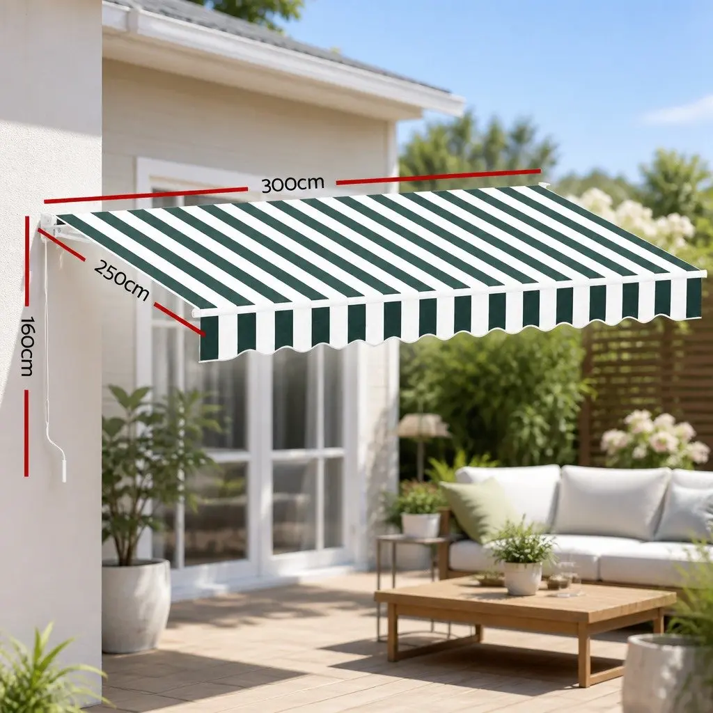 Manual Retractable Folding Awning Hand Crank 3m x 2.5m Green White