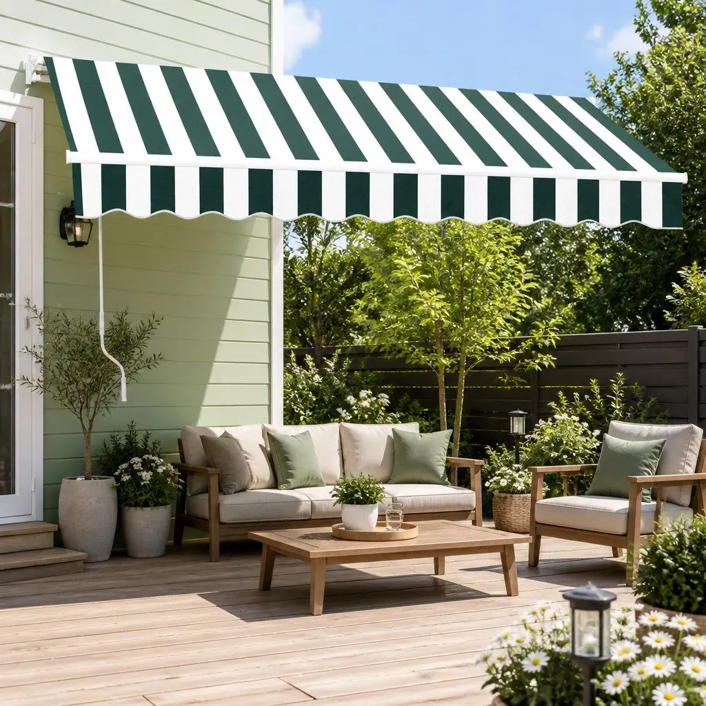 Manual Retractable Folding Awning Hand Crank 3m x 2.5m Green White
