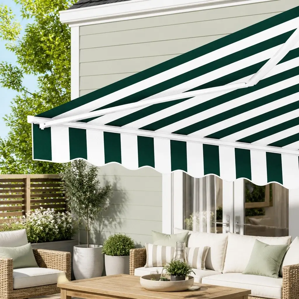 Manual Retractable Folding Awning Hand Crank 3m x 2.5m Green White