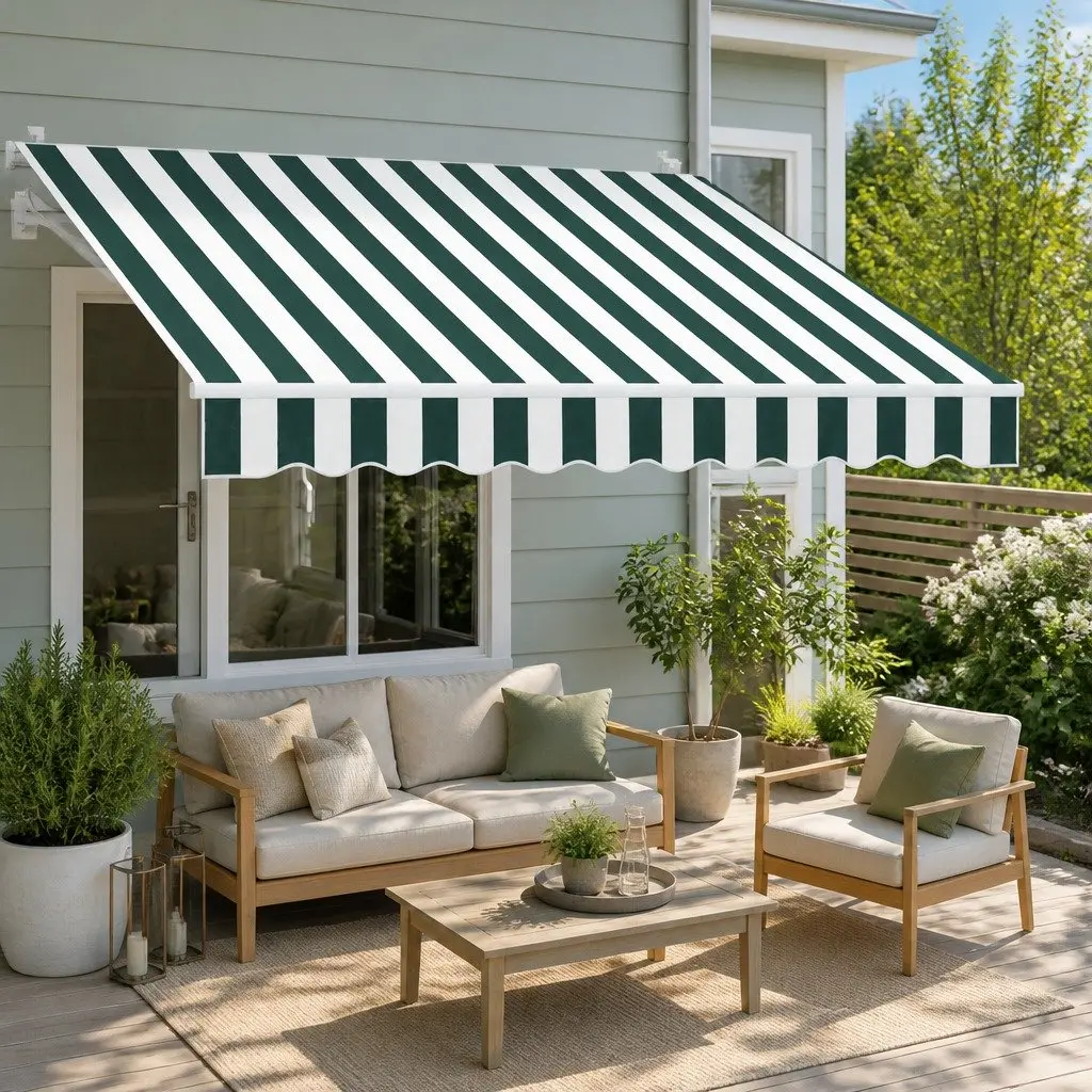 Manual Retractable Folding Awning Hand Crank 3m x 2.5m Green White