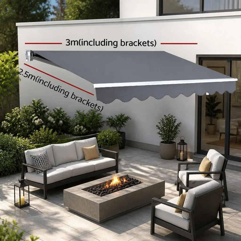 Folding Arm Awning Manual Retractable Sunshade Outdoor Patio Garden 3m x 2.5m