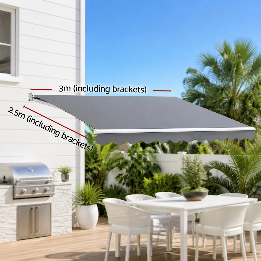 Manual Folding Awning Retractable Shade 3m x 2.5m Pearl Grey