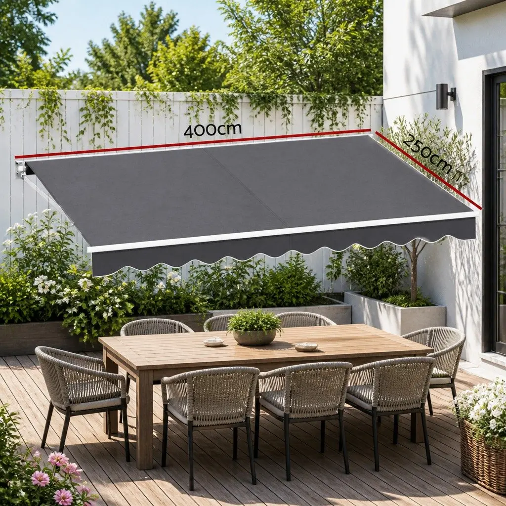 Folding Arm Awning Manual Retractable Sunshade Grey 4m x 2.5m Outdoor Patio