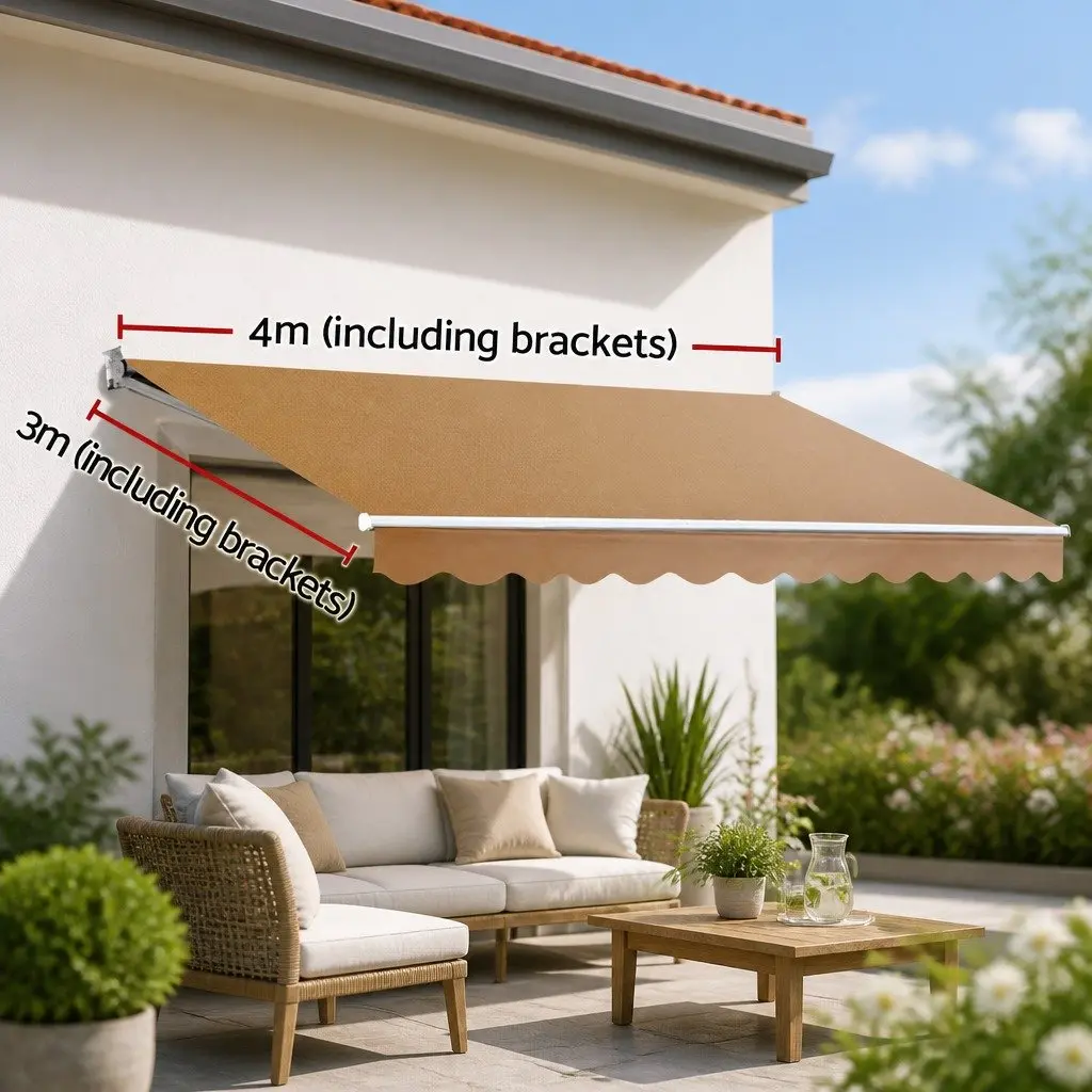 Folding Arm Awning Retractable Manual Hand Crank 4M x 3M Beige