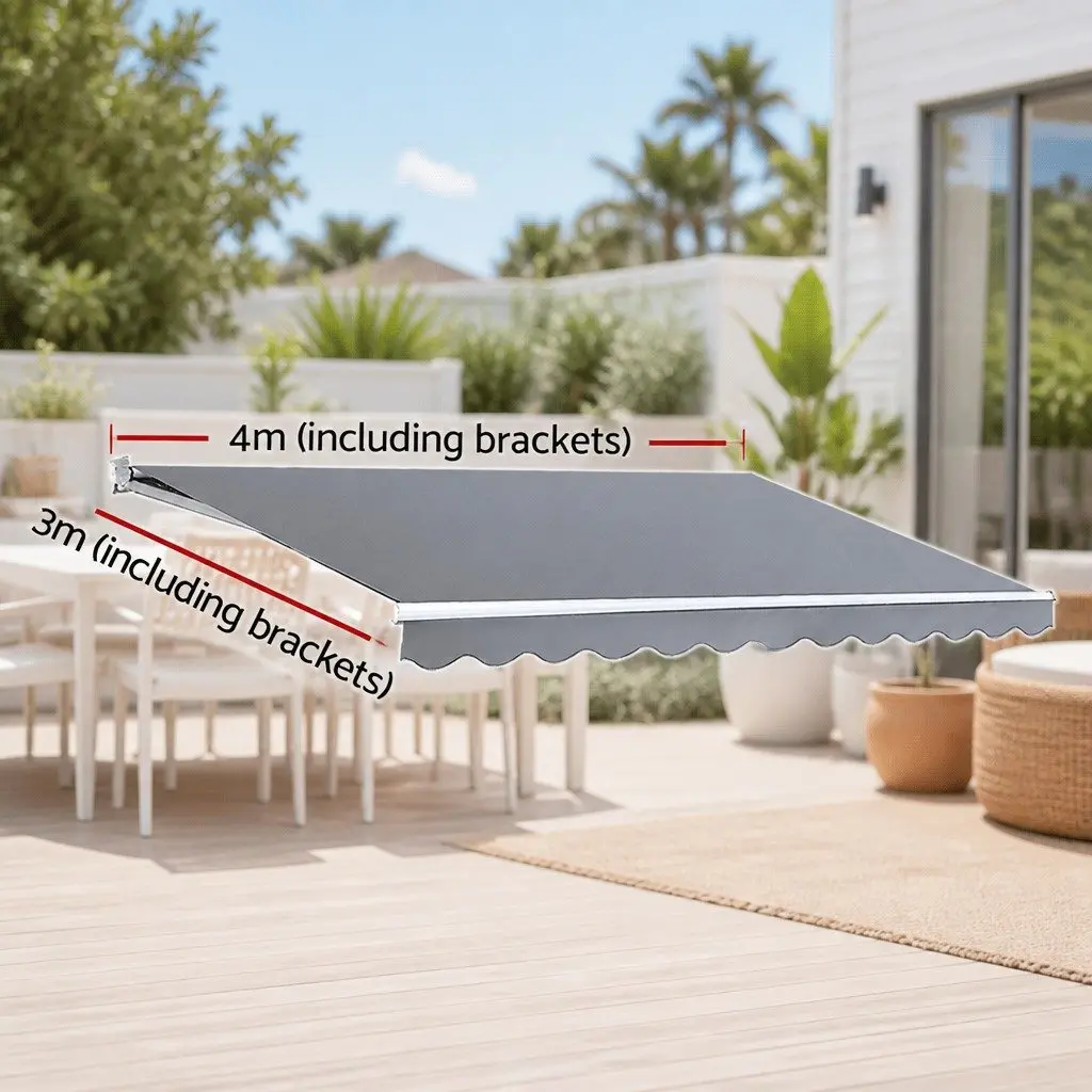 Folding Arm Awning Manual Sunshade 4M x 3M Powder-Coated Aluminium Frame Pearl Grey