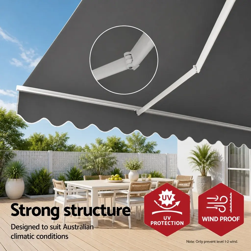 Folding Arm Awning Manual Sunshade 4M x 3M Powder-Coated Aluminium Frame Pearl Grey