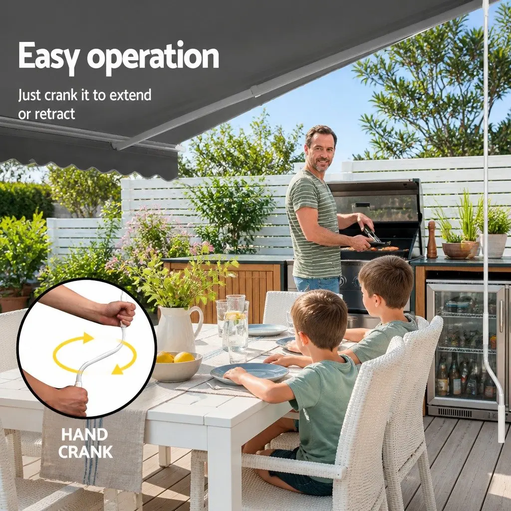 Folding Arm Awning Manual Sunshade 4M x 3M Powder-Coated Aluminium Frame Pearl Grey