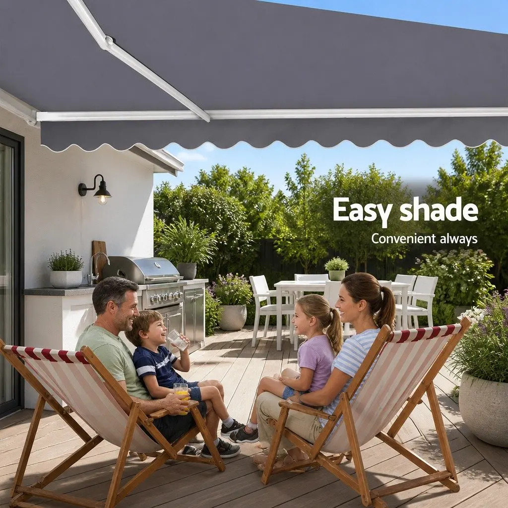 Folding Arm Awning Manual Sunshade 4M x 3M Powder-Coated Aluminium Frame Pearl Grey