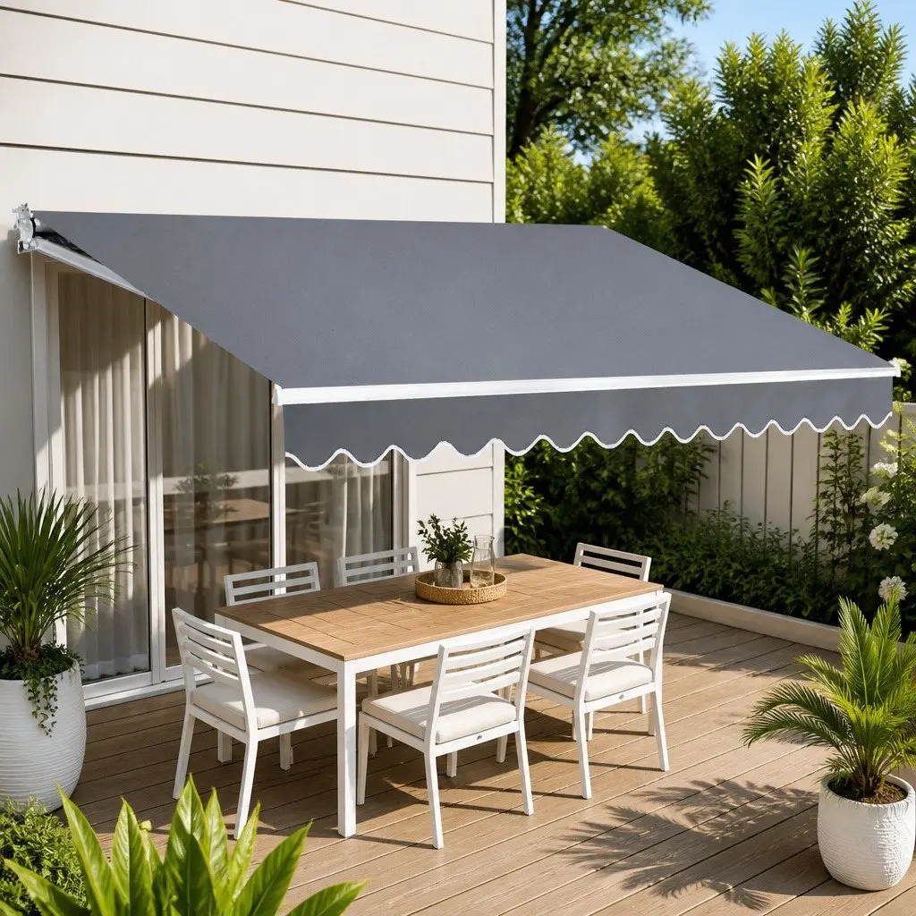 Folding Arm Awning Manual Sunshade 4M x 3M Powder-Coated Aluminium Frame Pearl Grey