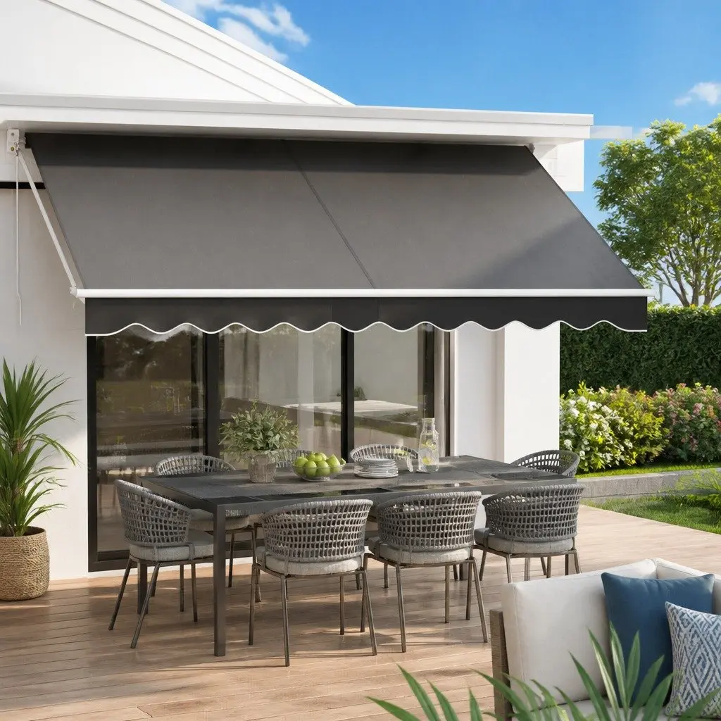 Folding Arm Awning Retractable Manual Hand Crank Sunshade 4.5M x 2.5M Grey