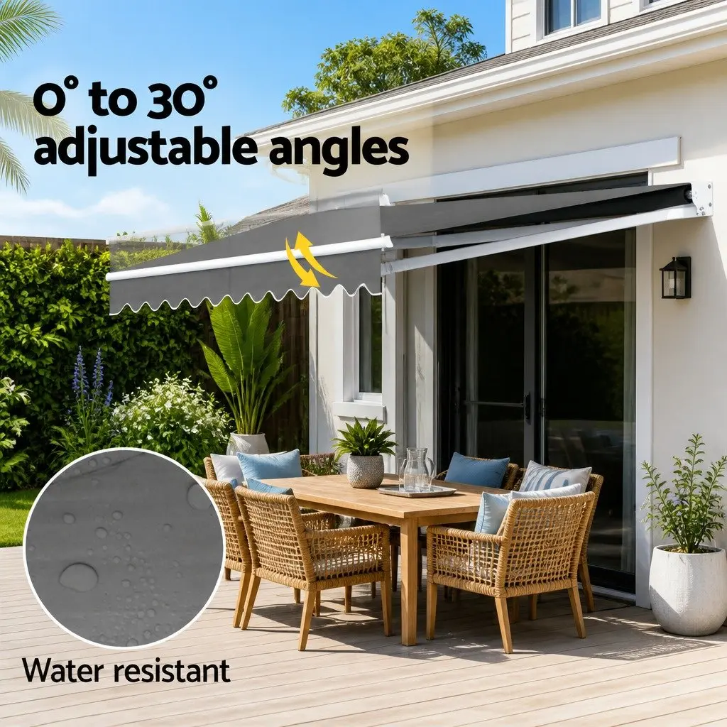 Folding Arm Awning Retractable Manual Hand Crank Sunshade 4.5M x 2.5M Grey