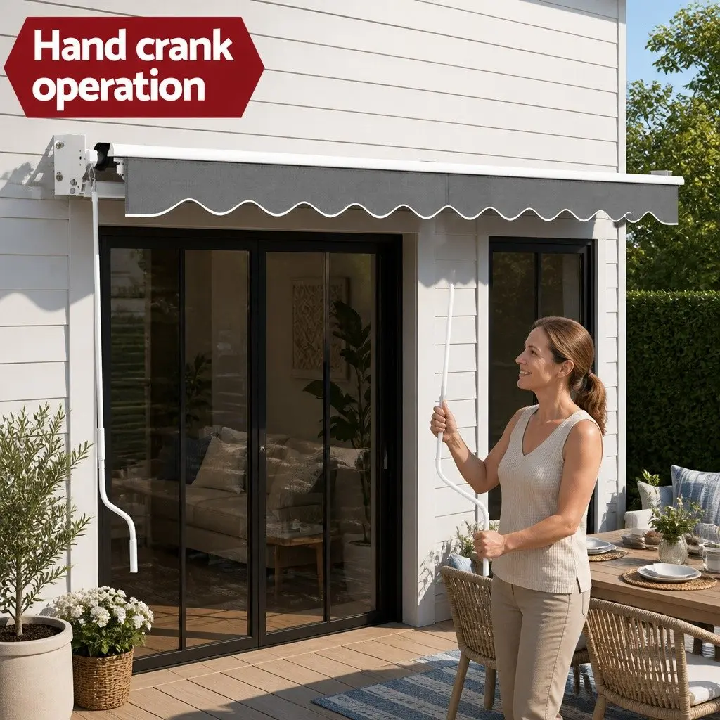 Folding Arm Awning Retractable Manual Hand Crank Sunshade 4.5M x 2.5M Grey