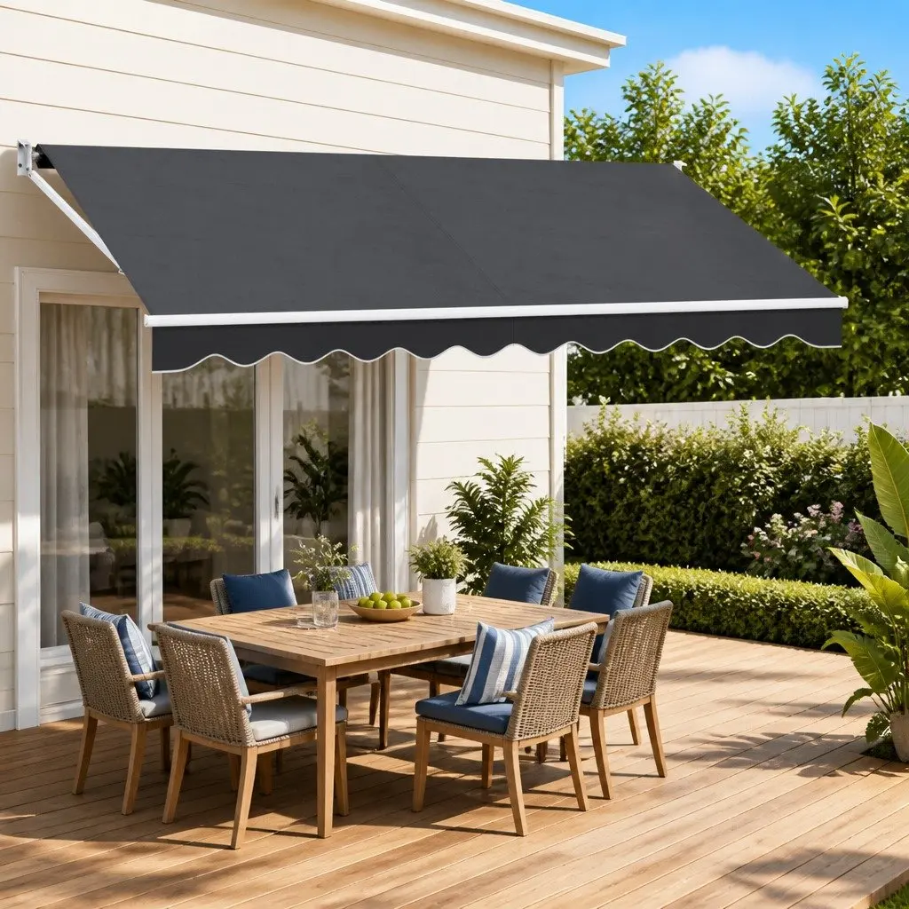 Folding Arm Awning Retractable Manual Hand Crank Sunshade 4.5M x 2.5M Grey