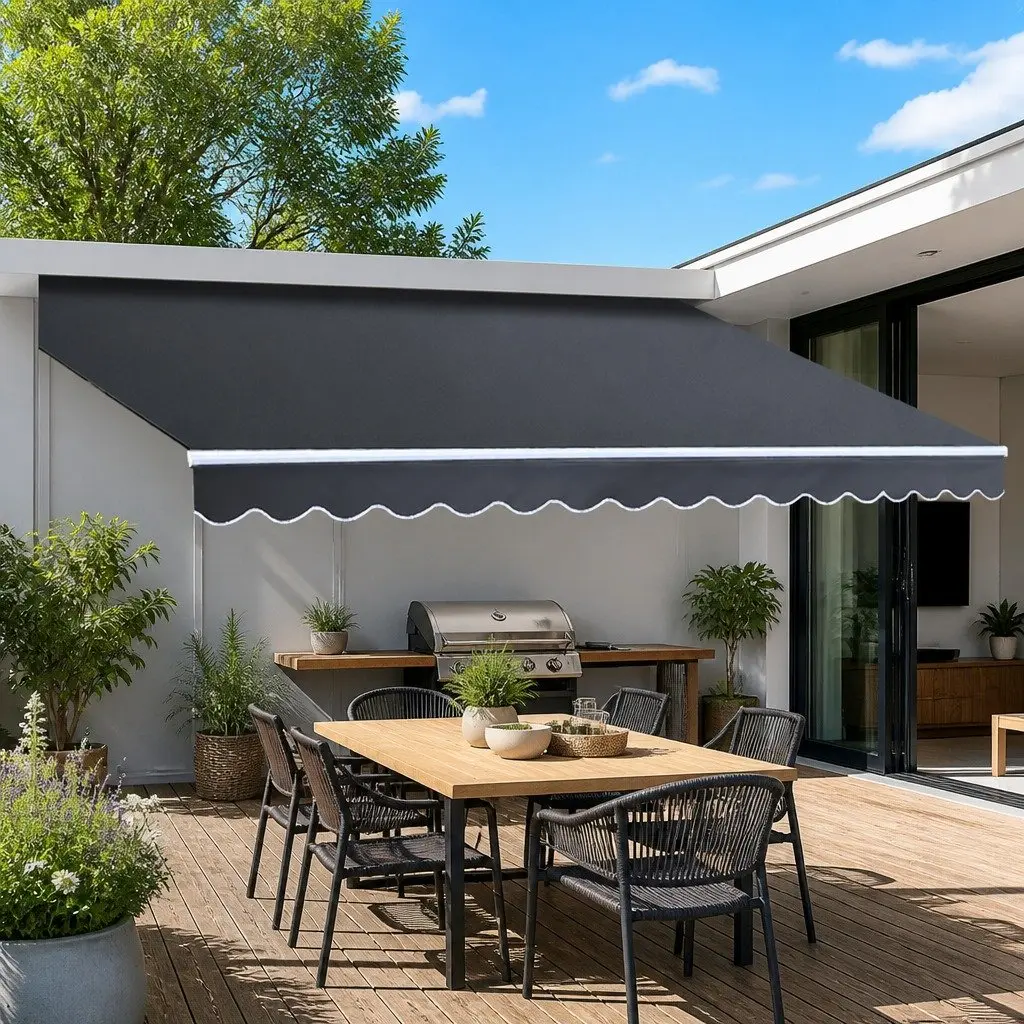 Manual Folding Awning Grey Weather Resistant 5m x 3m Retractable Sunshade for Patio Garden