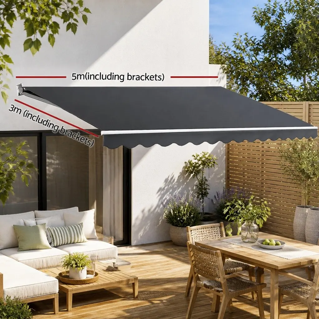 Manual Folding Awning Grey Weather Resistant 5m x 3m Retractable Sunshade for Patio Garden