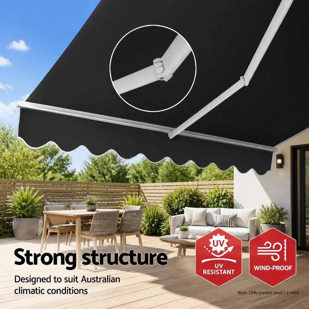 Manual Folding Awning Grey Weather Resistant 5m x 3m Retractable Sunshade for Patio Garden