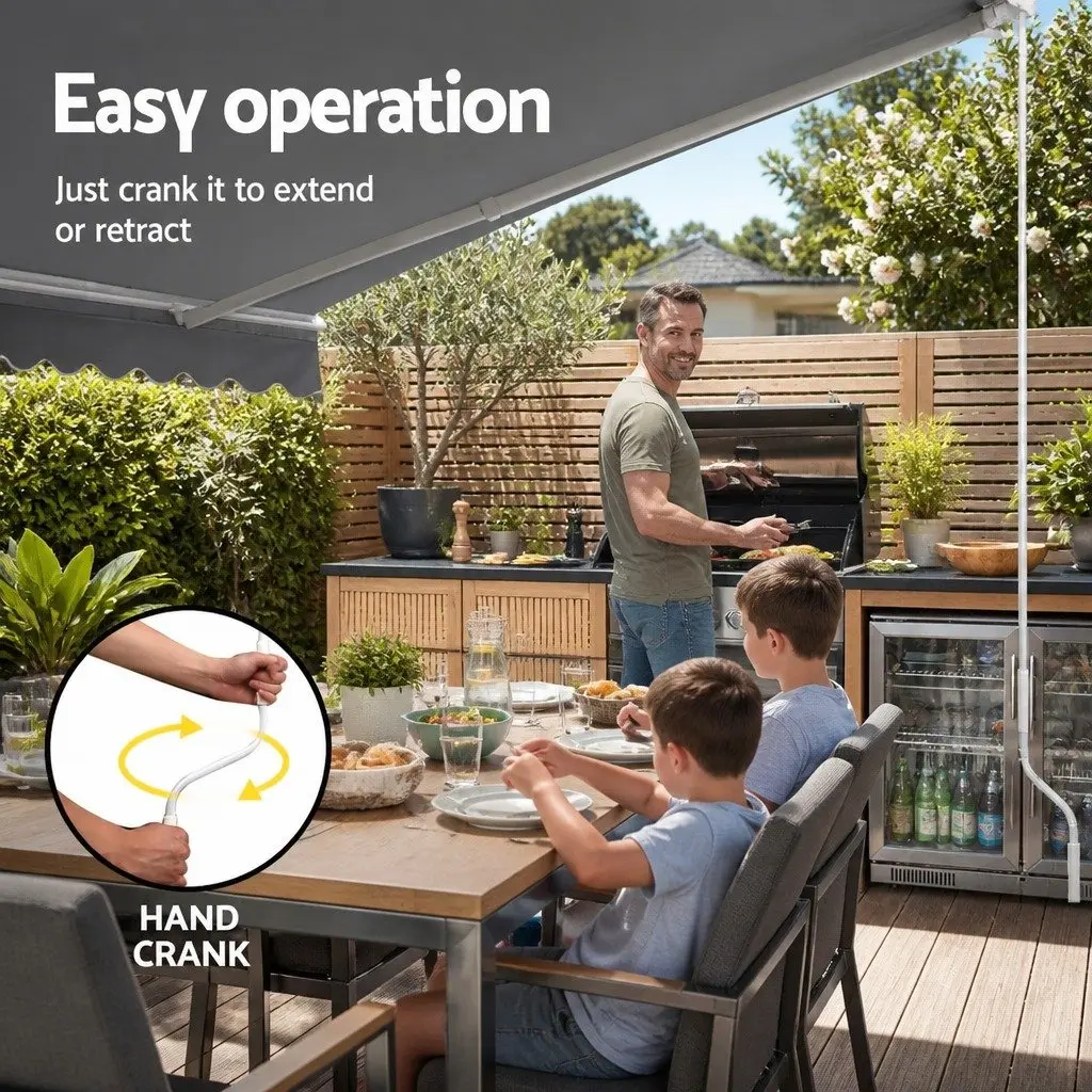 Manual Folding Awning Grey Weather Resistant 5m x 3m Retractable Sunshade for Patio Garden