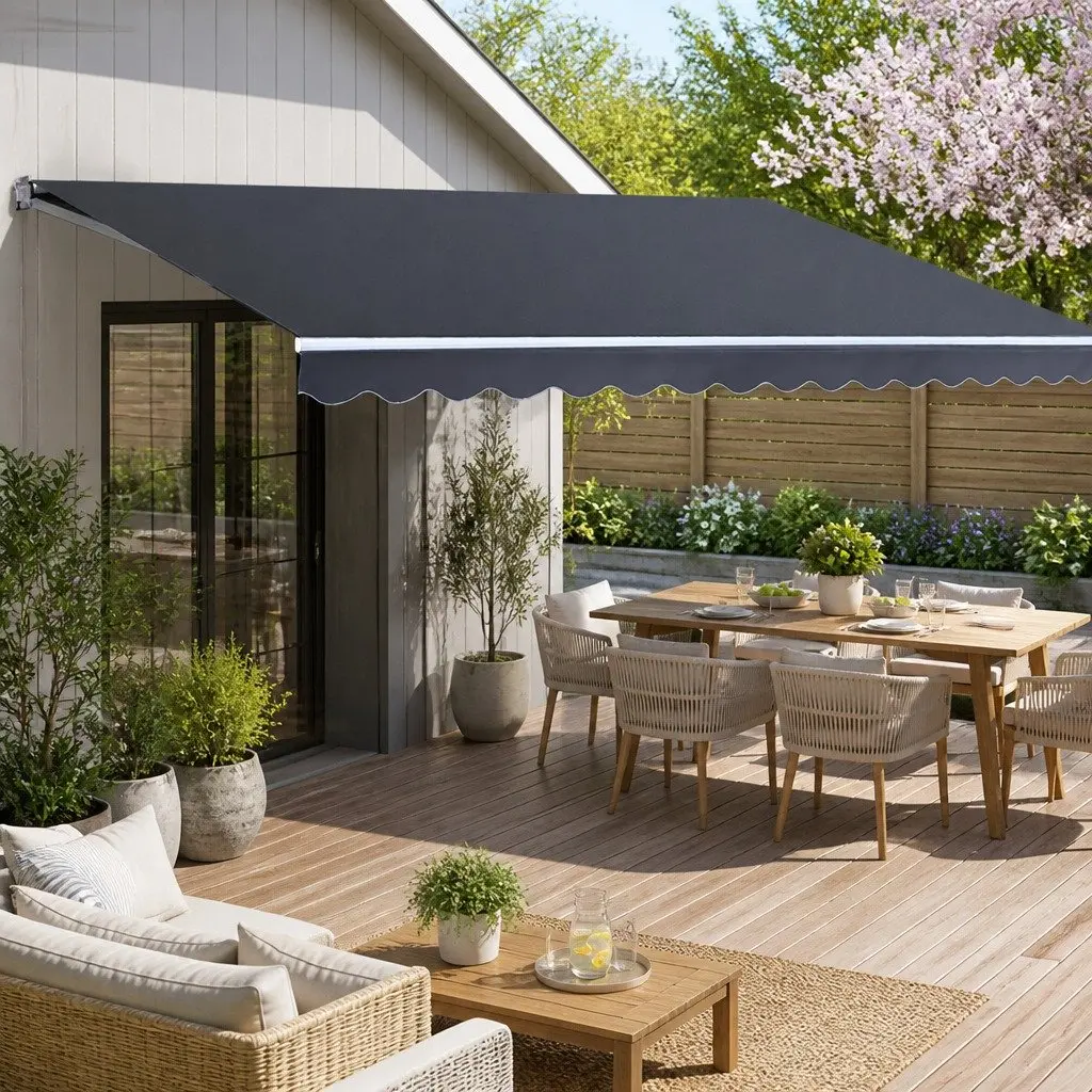 Manual Folding Awning Grey Weather Resistant 5m x 3m Retractable Sunshade for Patio Garden