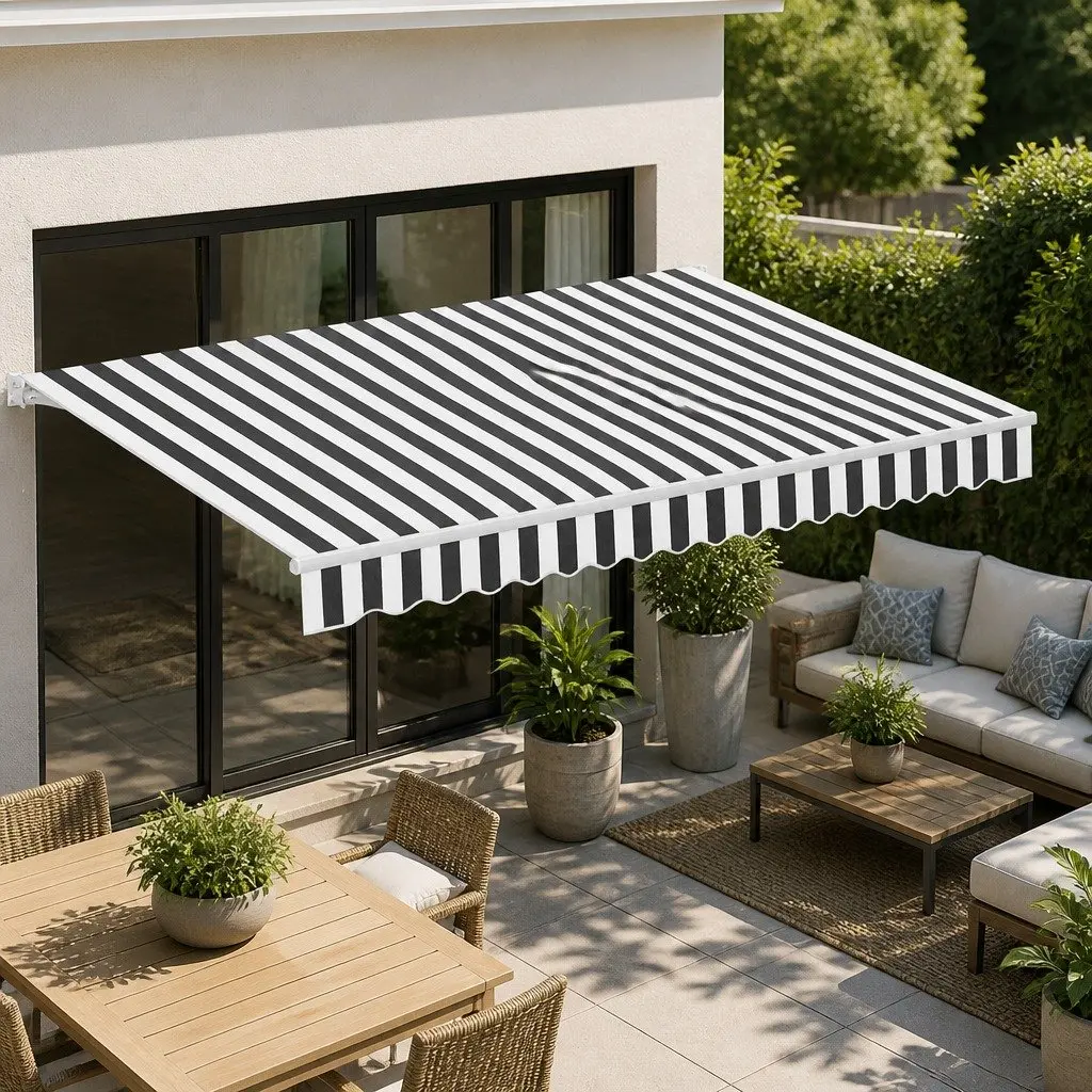 Folding Arm Awning Retractable Manual Hand Crank 5m x 3m UV Resistant Water Resistant Grey White