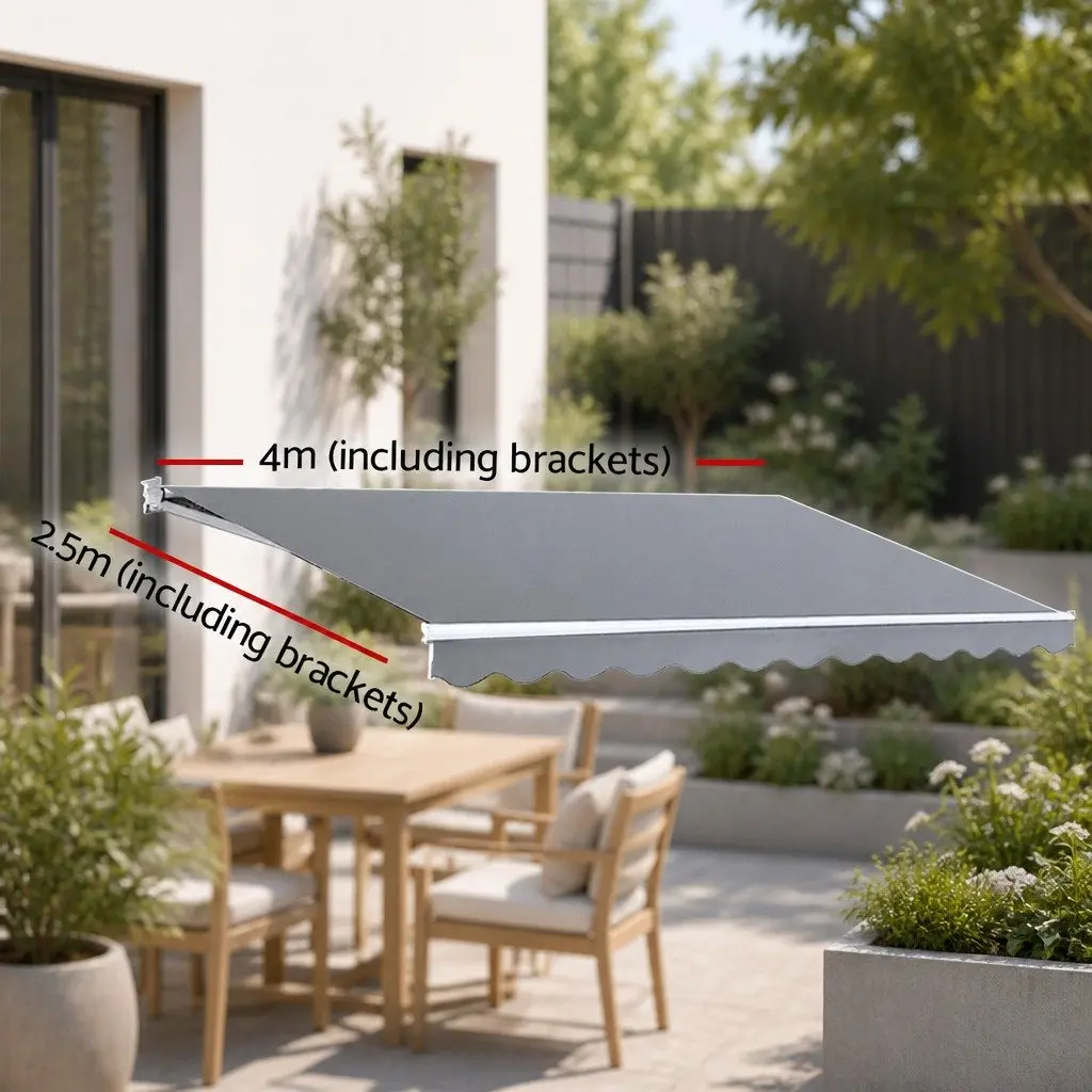 Motorised Retractable Folding Arm Awning 4m x 2.5m UV Resistant Polyester Fabric Pearl Grey