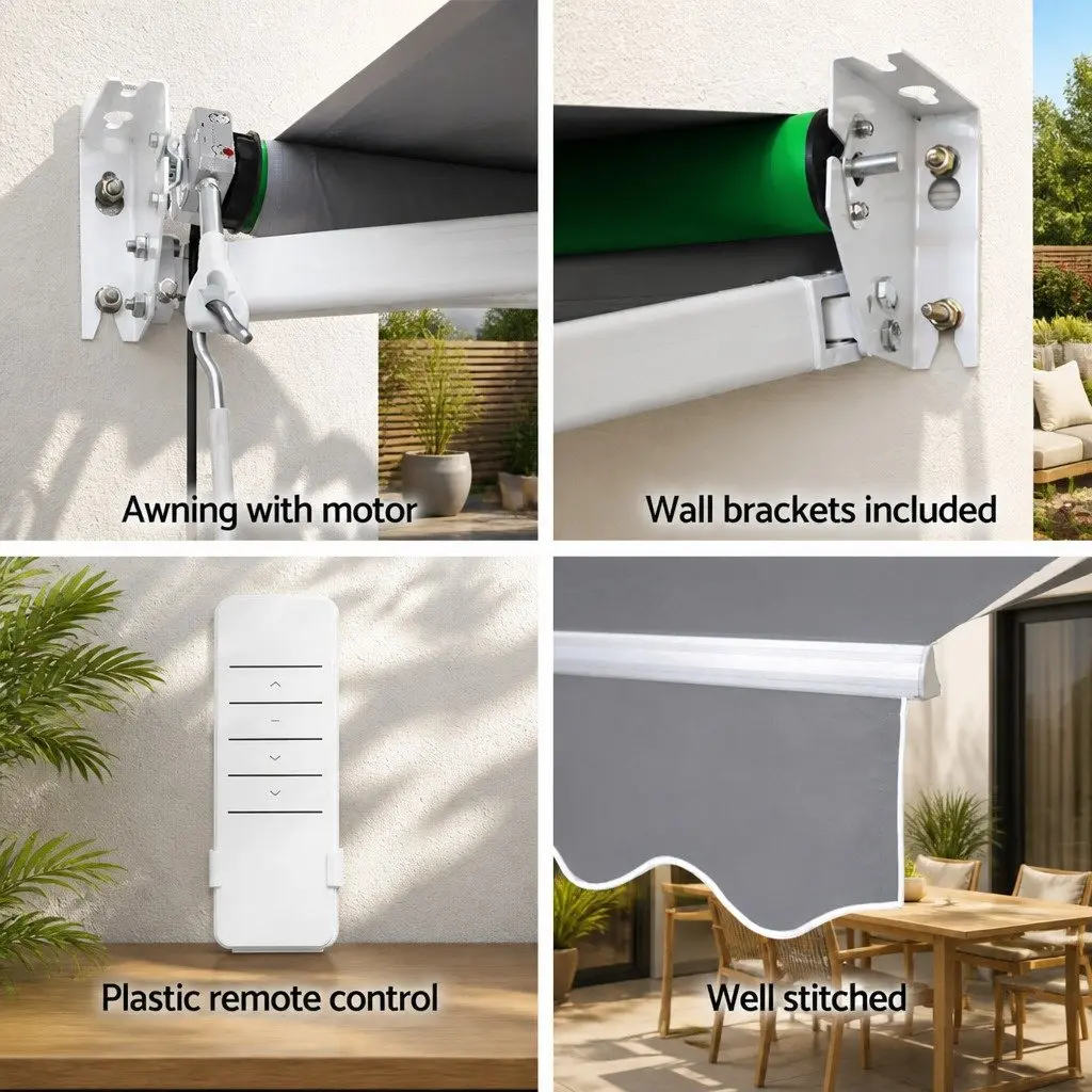 Motorised Retractable Folding Arm Awning 4m x 2.5m UV Resistant Polyester Fabric Pearl Grey