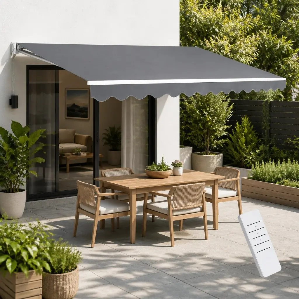 Motorised Retractable Folding Arm Awning 4m x 2.5m UV Resistant Polyester Fabric Pearl Grey