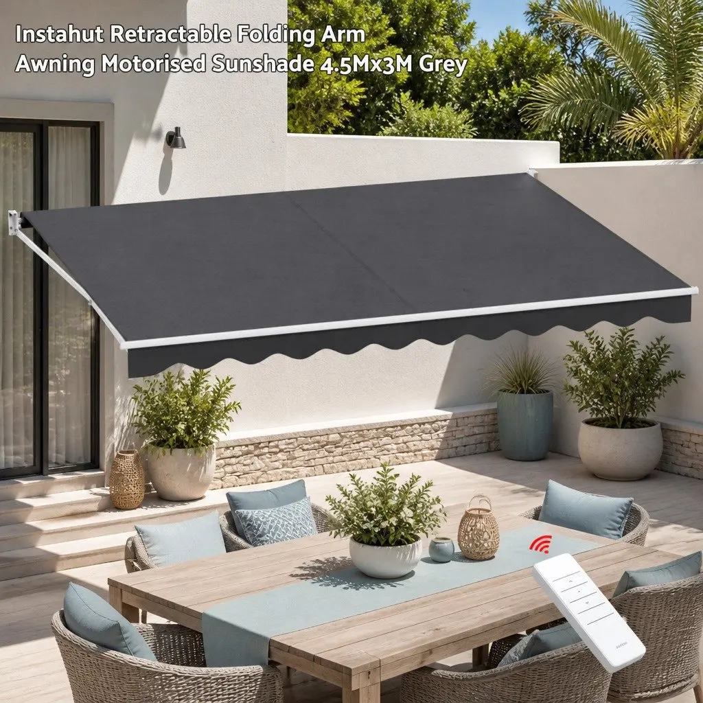 Motorised Retractable Folding Arm Awning Grey 4.5m x 3m