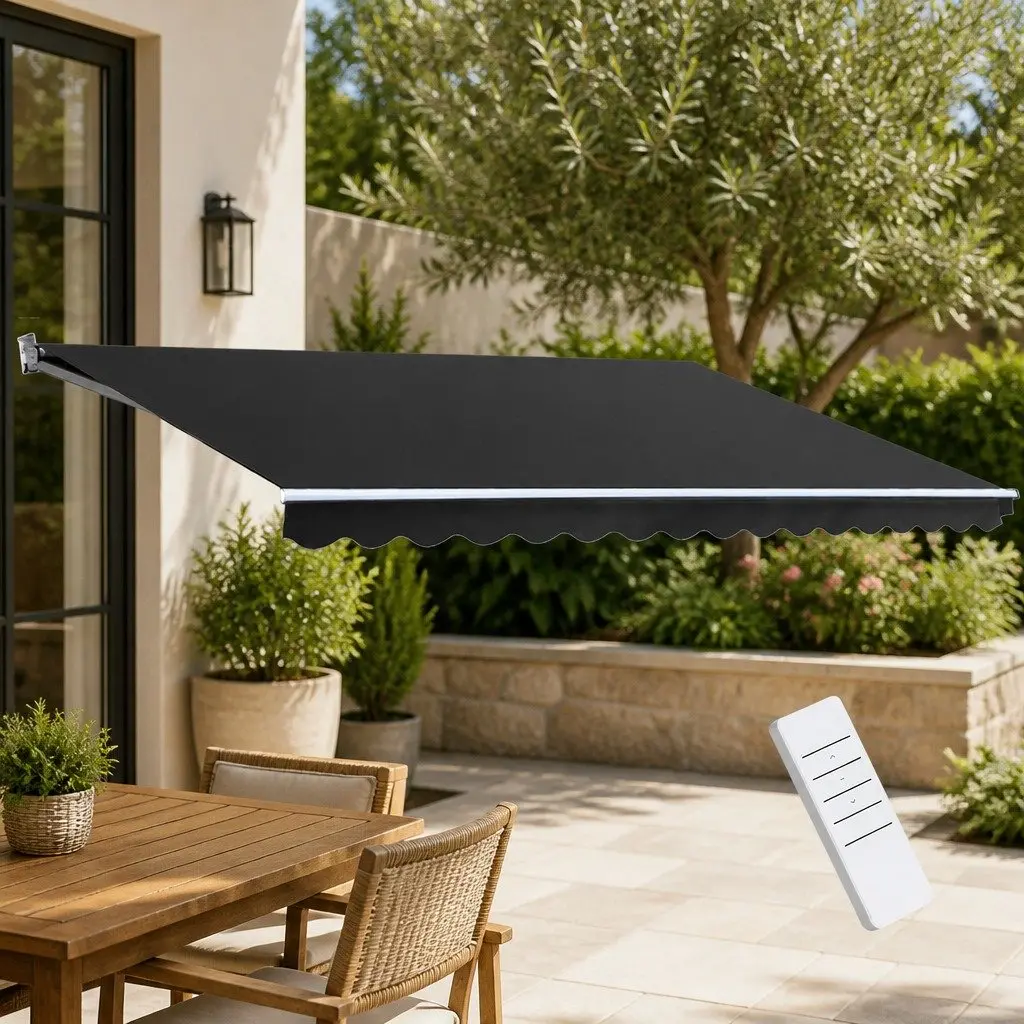 Motorised Retractable Folding Arm Awning Grey 5m x 3m Sunshade Remote Control