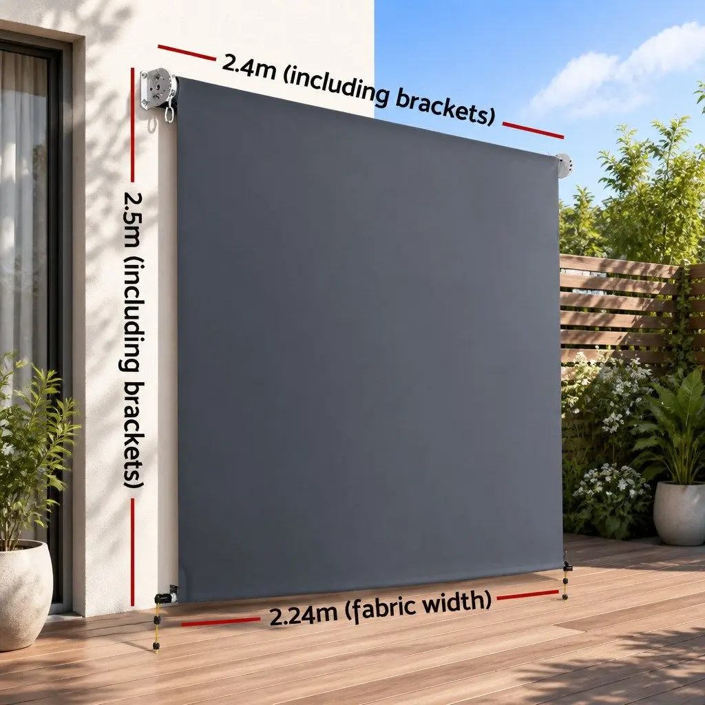 Retractable Awning Grey 2.4x2.5M Outdoor Shade Canopy with Aluminium Frame and Polyester Fabric