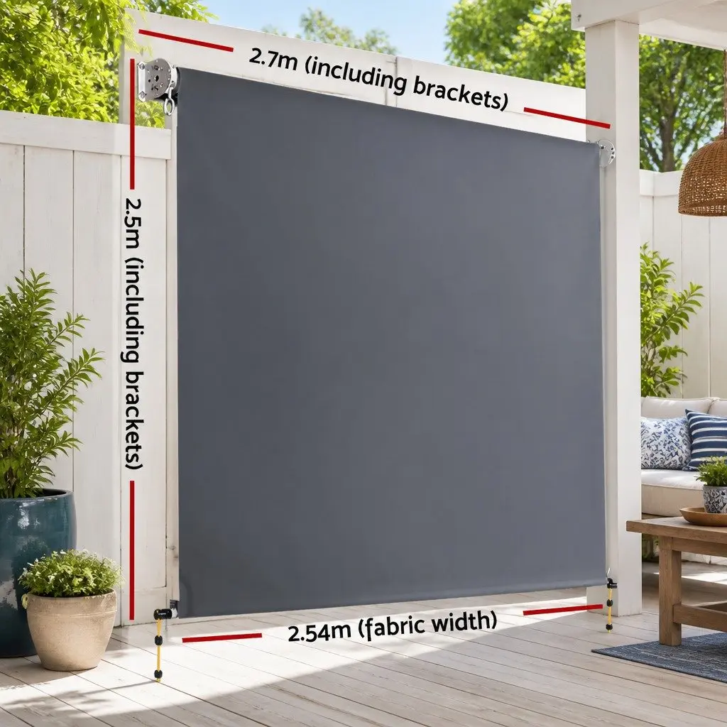 Retractable Awning Blinds Grey 2.7M x 2.5M Roll Down Canopy Shade