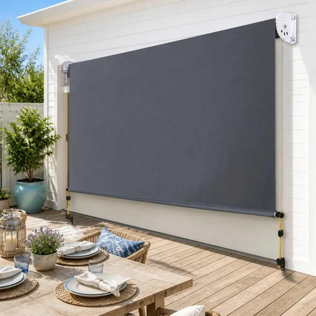 Retractable Awning Blinds Grey 2.7M x 2.5M Roll Down Canopy Shade