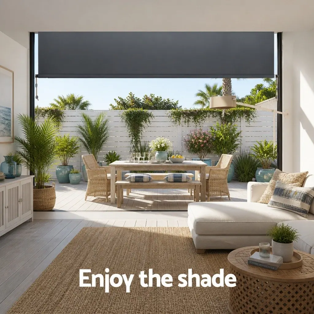 Retractable Awning Blinds Grey 2.7M x 2.5M Roll Down Canopy Shade
