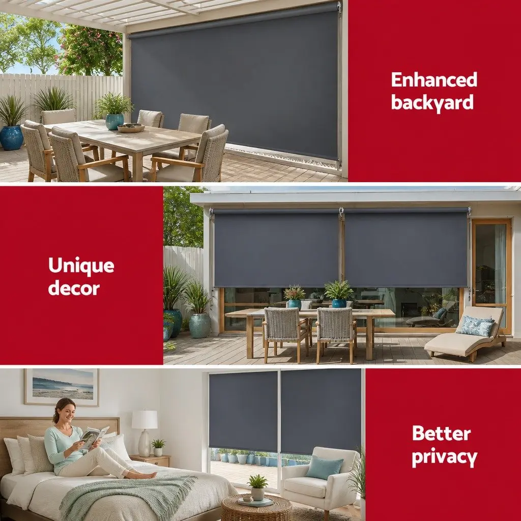 Retractable Awning Blinds Grey 2.7M x 2.5M Roll Down Canopy Shade