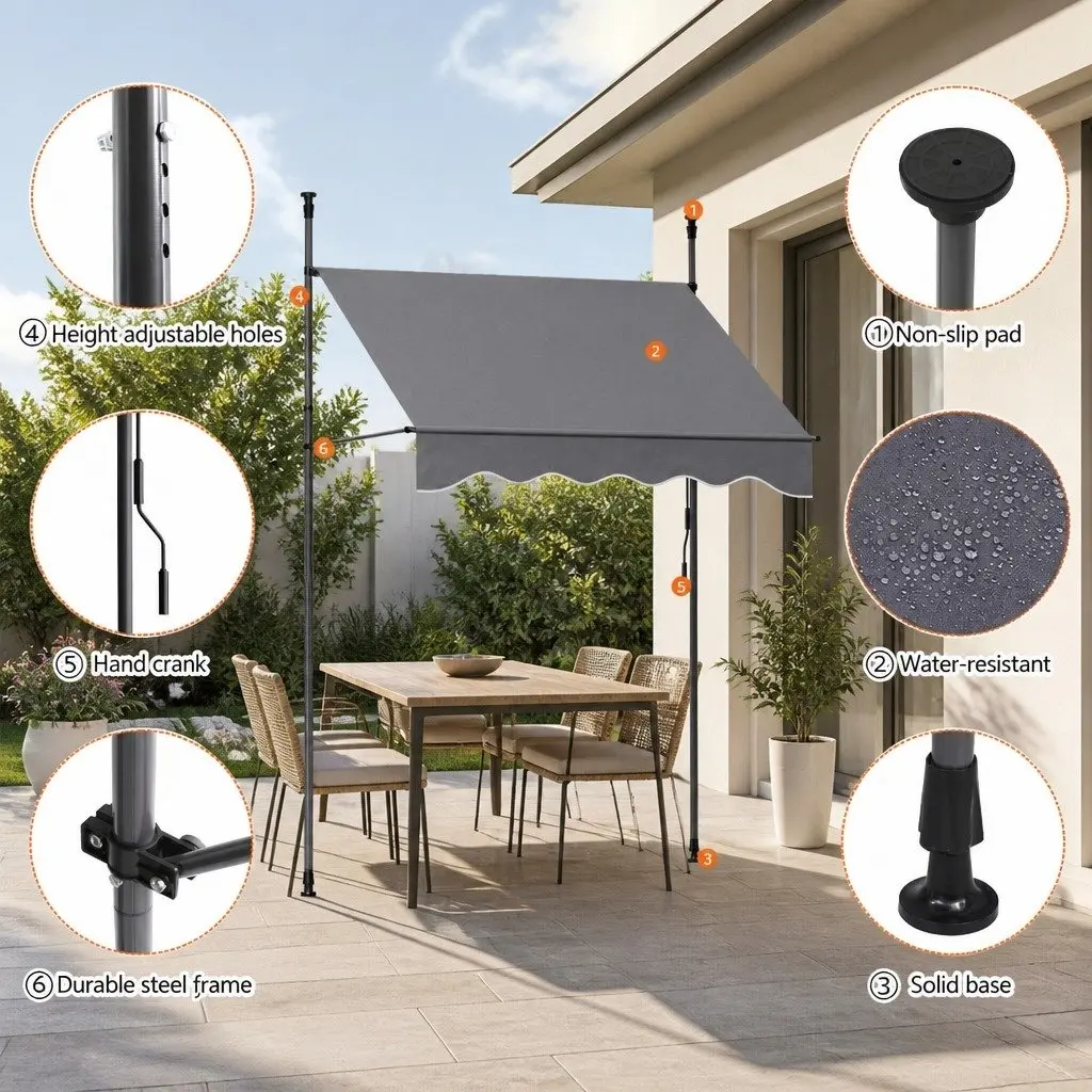 Retractable Pivot Arm Awning Outdoor Shade 2X1.8M Grey
