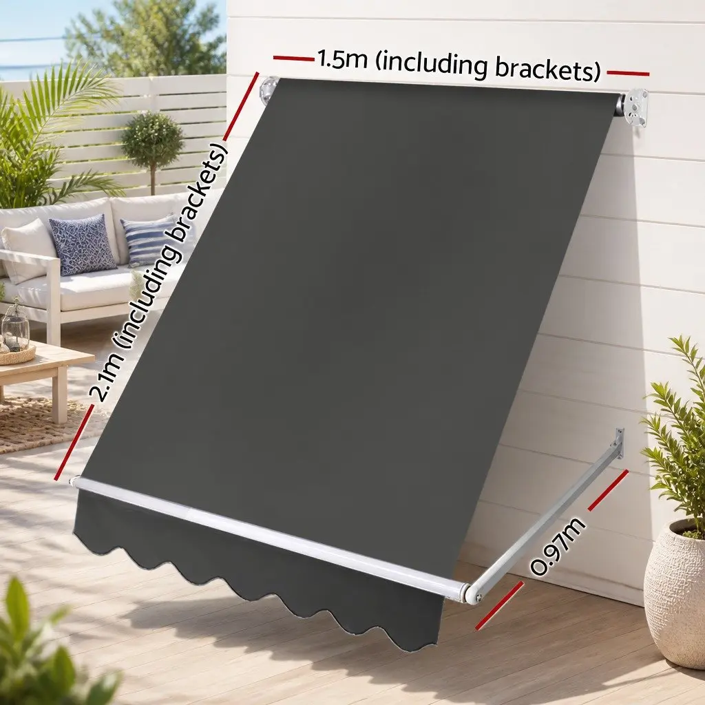 Retractable Pivot Arm Awning Grey 1.5m x 2.1m Outdoor Shade Canopy
